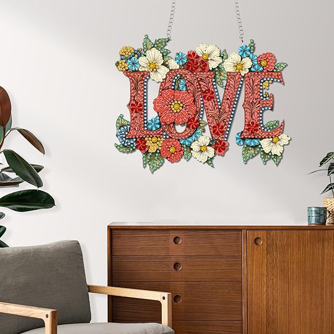 Reofrey Hanging Diamond Art Kits for Adults - 8x8 Inch Love Acrylic Board Double Sided Pattern Diamond Painting Suncatcher Pendant, DIY Crystal Art for Home Wall or Window Decoration Handmade Gift