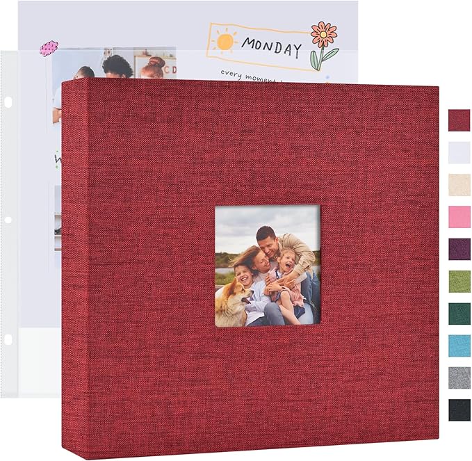 Mublalbum 12x12 Inch DIY Scrapbook Photo Album with 20 Plastic Sleeves 40 Pages Linen Cover 3 Ring Folder Binder for Wedding Baby Family and DIY Projects (Red)