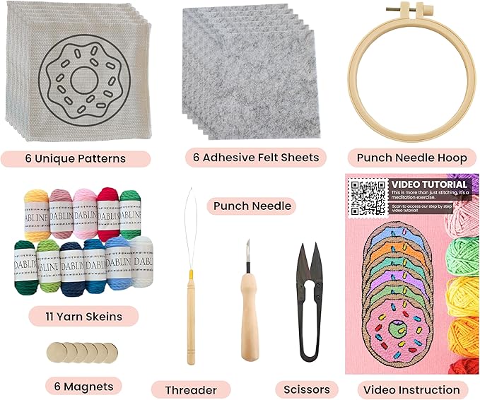 Dabline Punch Needle Kit for Beginners – 6 Pattern Punch Needle Coaster Set with Hoop, Needle, Threader, Yarn & Backing Fabric for Adults and Kids DIY Craft
