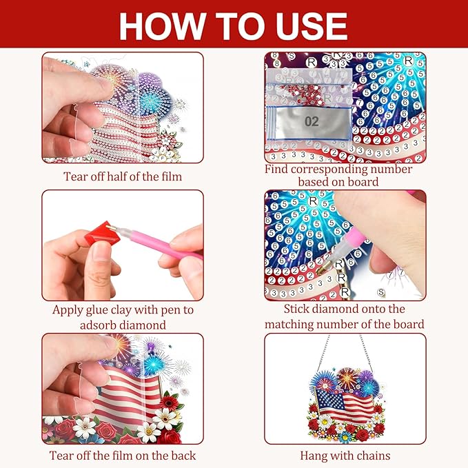 CEOVR American Flag Hanging Diamond Art for Adults, Independence Day Diamond Painting Pendant DIY Gem Art Wall Ornament, Acrylic Home Garden Decor with Chain, Box Kit 7.87×7.67 inch