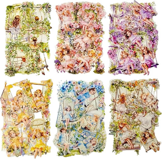 TIAMECH Swing Flower Girl PET Stickers - 60 Pcs Gentle Breeze & Chair Basket Swaying Design, Waterproof Sticker for Journaling & Scrapbooking, Junk Journal Supplies, Ephemera & DIY Crafts