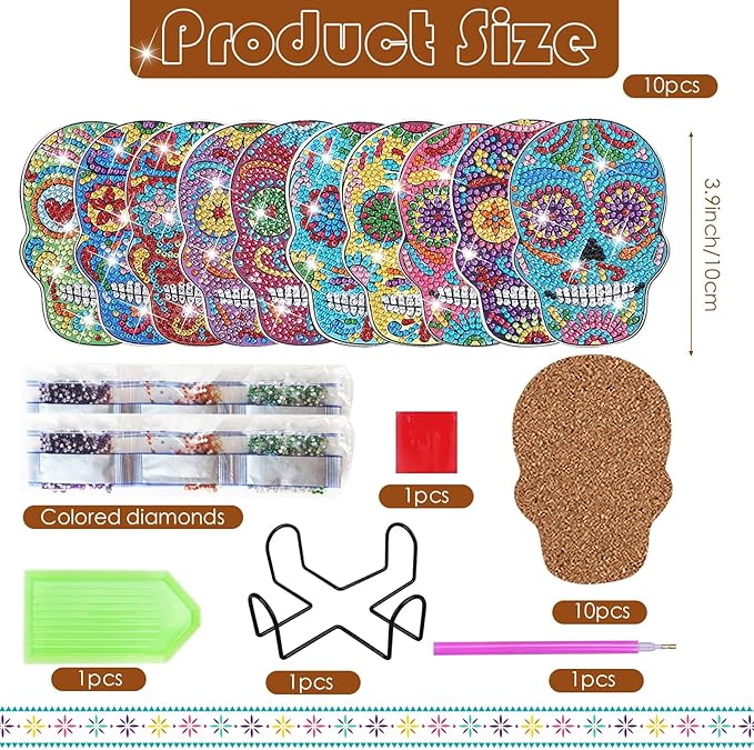 10 Pcs Halloween Skull Shaped Diamond Painting Coasters Kits DIY Skull Diamond Painting Coasters with Holder Skull Diamond Painting Coasters for Beginners Adults and Kids Art Craft Supplies Gift
