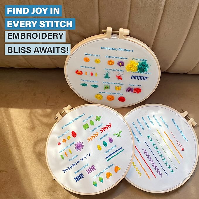 Beginner Embroidery Kit – Learn 28 Stitches – DIY Embroidery Set with 3 Hoops, Stamped Patterns, Needles, Scissors, Thread – Complete Cross Stitch Kit for Adults, Teens, Beginners & Crafters