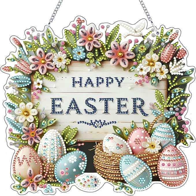 IASINN Happy Easter Flowers Eggs Diamond Painting Pendant 5D Diamond Art Painting Kits for Adults Beginners, Special Shape Crystal Diamond Crafts Ornament Hanging Sign for Home Wall Window