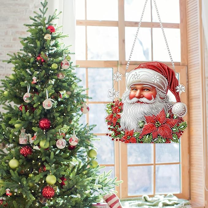 Christmas Santa Claus Diamond Art Hanging Kits for Adults, Diamond Painting Pendant Kits, DIY Acrylic 5D Special Shaped Crystal Diamonds Gem Art Painting Ornament for Home Wall Decor Gift