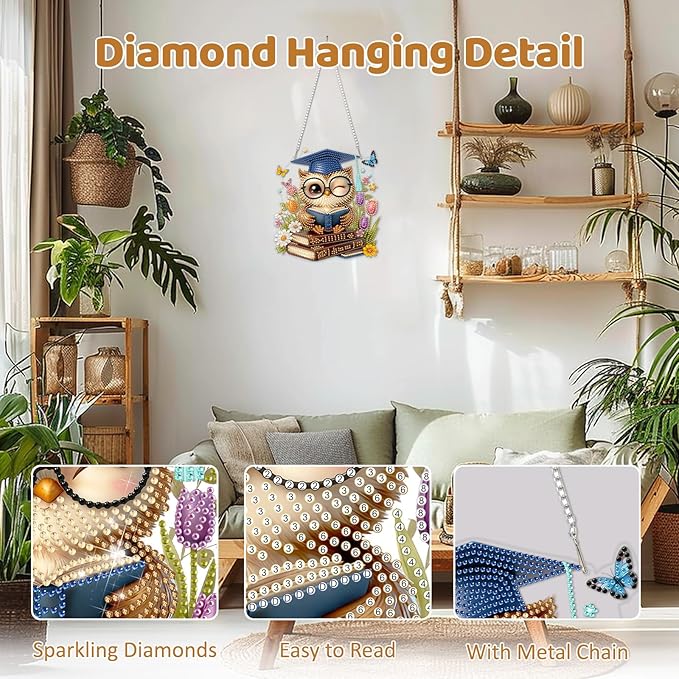 MEIYUDA Owl Diamond Art Hanging Kits for Adult, Book Owl Diamond Painting Hanging Kits Ornaments, DIY Special Shaped Rhinestone Window Pendants Kit for Home Garden Wall Decor Gift