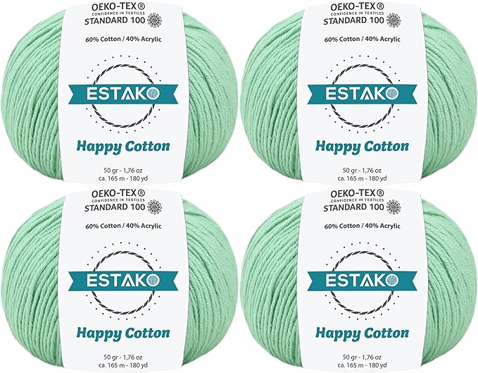 Estako Happy Cotton, (4 Skeins Pack) 60% Cotton 40% Acrylic Yarn, Soft, Fine/Sport (2) for Crochet and Knitting (4 x 1.76 Oz) / (4 x 180 Yrds) (4920 - Mint)