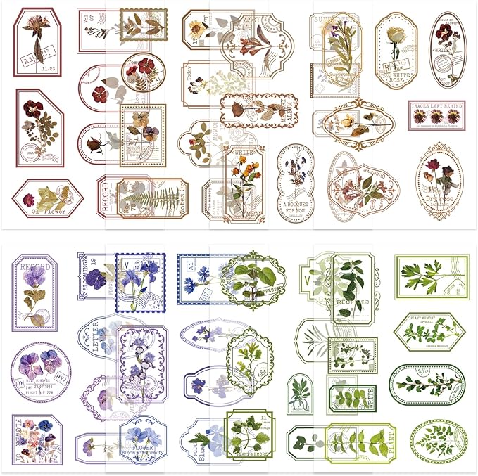 120 Pcs Flowers Stamp Stickers, Vintage Aesthetic Scrapbook Supplies for Junk Journal Bullet Therapy Planner Laptops Card Making Supplies