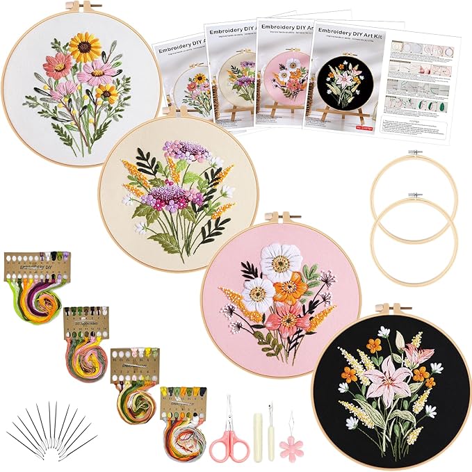 Picoey Flower Embroidery Kit for Beginners with Flower Pattern and Instructions,4 Pack Cross Stitch Kits,2 Wooden Embroidery Hoops,Threads and Needles,Needlepoint Kit for Adults