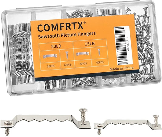 60 Pack Sawtooth Picture Hangers – Small & Heavy-Duty Wall Hanging Kit, 2 Sizes for Photo Frames, Art, Paintings, Canvas Hooks, and Picture Hanging Hardware Silver