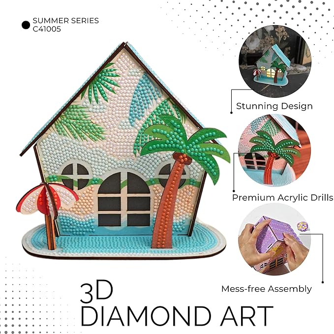 3D Diamond Painting Cabin Kit – DIY Full Drill Miniature House Craft with Rhinestones, Decorative Building Set for Adults & Teens (Beach House Cabin)