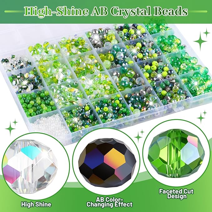 2000 Pcs Glass Beads for Jewelry Making –High Shine, Faceted Cut Crystal Sun Catcher Beads, DIY Bracelet Necklace Earring Craft Kit and Lamp Decor with Organizer Box for St. Paddy's Day, Green