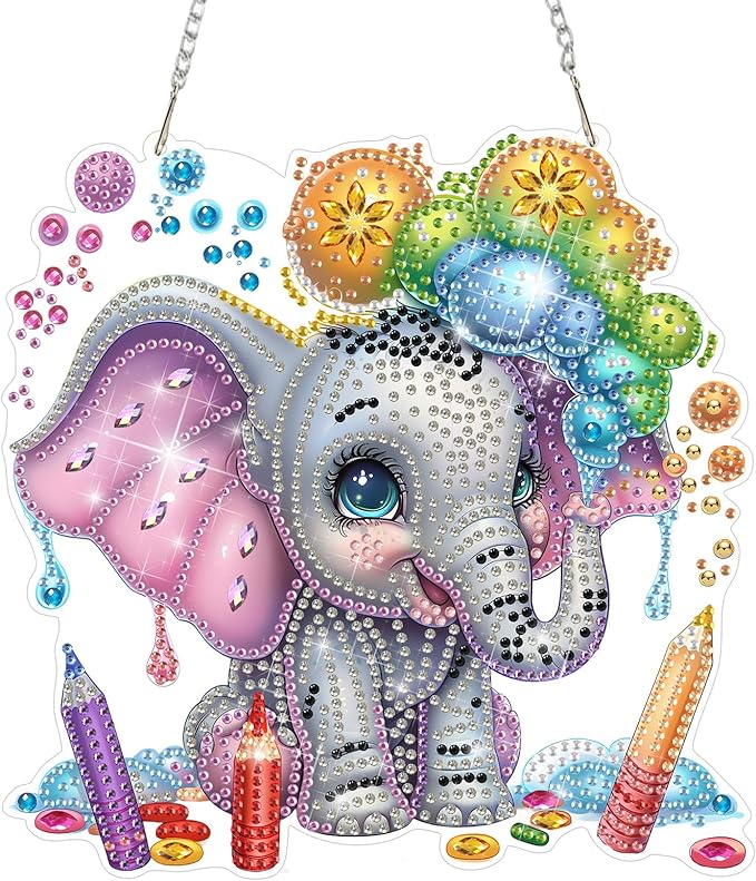 DOMROM Elephant Diamond Art Hanging Kits for Adults, Special Shaped Crystal Diamond Painting Elephant Pendant, DIY Diamond Art Suncatchers Animal for Home Garden Wall Decor Gift