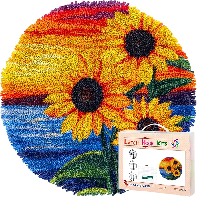 Latch Hook Rug Kit Sunflowers Beside Sea and Sunset Stamped Handmade Round Shape Carpet Crochet Yarn Craft DIY Hook and Latch Door Mat Tapestry Christmas Home Floor Decor 20x20in-8