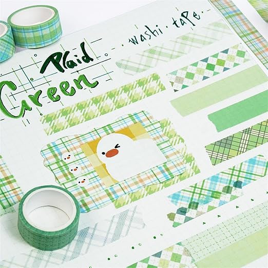 YUBX Basic Grid Washi Tape Set 12 Rolls Plaid Decorative Masking Tapes for Arts, DIY Crafts, Journals, Planners, Scrapbook, Wrapping (Green)