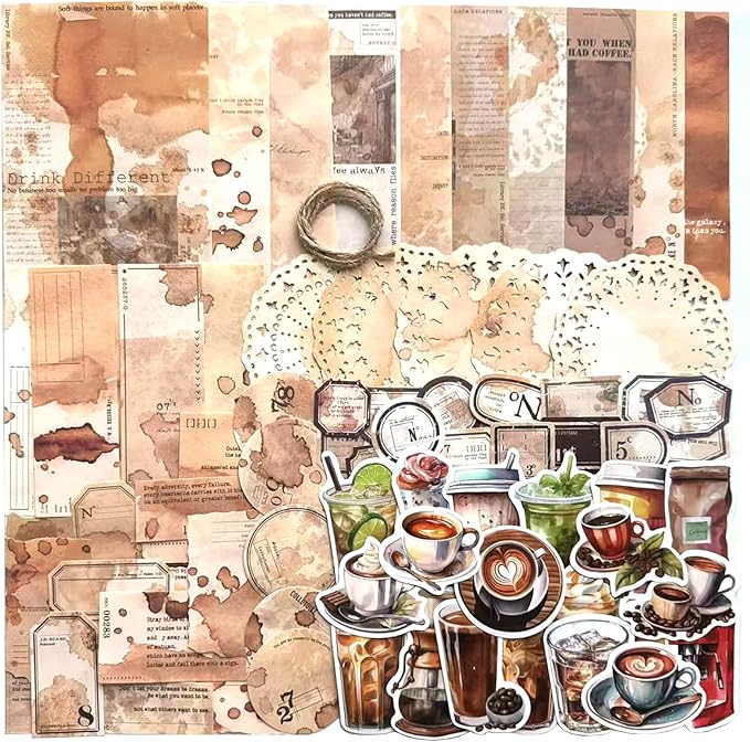 115 Pieces Coffee Drink Scrapbook Supplies Pack, Vintage Decorative Craft Paper Aesthetic Vinyl Stickers Ephemera for Bullet Junk Journal Planner Album Decoupage Collage