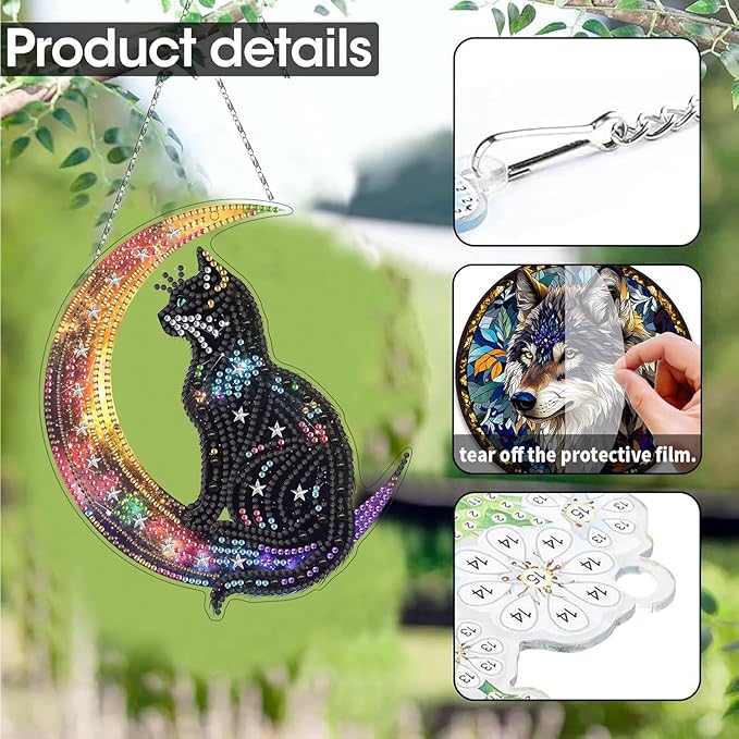 SKRYUIE Cat Hanging Diamond Art Kits for Adults Pendant Suncatcher, Special Shaped Crystal DIY Pearl Diamond Painting Kit, Gift for Mother Spring Summer Window Wreath Decor 7.49 x 5.91 Inch D4
