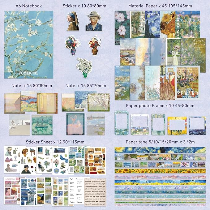 Scrapbooking Supplies Kit, Monet Van Gogh Oil Painting Theme Scrapbook Kit for Bullet Junk Journal, 12 Rolls Washi Tape, Stickers Papers for DIY Journaling Supplies, Craft Gift for Women Teenage