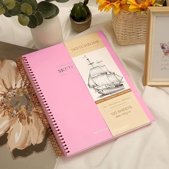 2 Pack Hardcover Sketchbook for Drawing 120 Sheets Spiral Bound 9 x 12 Sketch Pad Premium Art Sketchbook Artistic Drawing Painting Writing (68lb/100gsm) for Kids Adults Beginners Artists, Pink+Blue