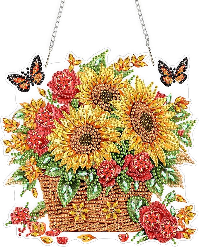 QENSPE Diamond Painting Art Hanging Kits for Adults, 5D Sunflower Diamond Paingting Ornaments with Chain, DIY Butterfly Crystal Window Pendants for Home Wall Decor Double Sided Gift 8X8 inch