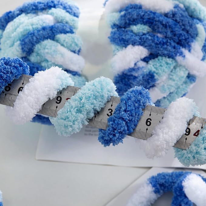 HOMBYS Chunky Tie Dye Mix Chenille Yarn for Hand Knitting, Super Bulky Jumbo Yarn for Crocheting, 3/4" Thick Soft Plush Yarn for Blankets, 8 Skein Pack (26 yds / 7.5 oz Each) Blue,Sky Blue,White