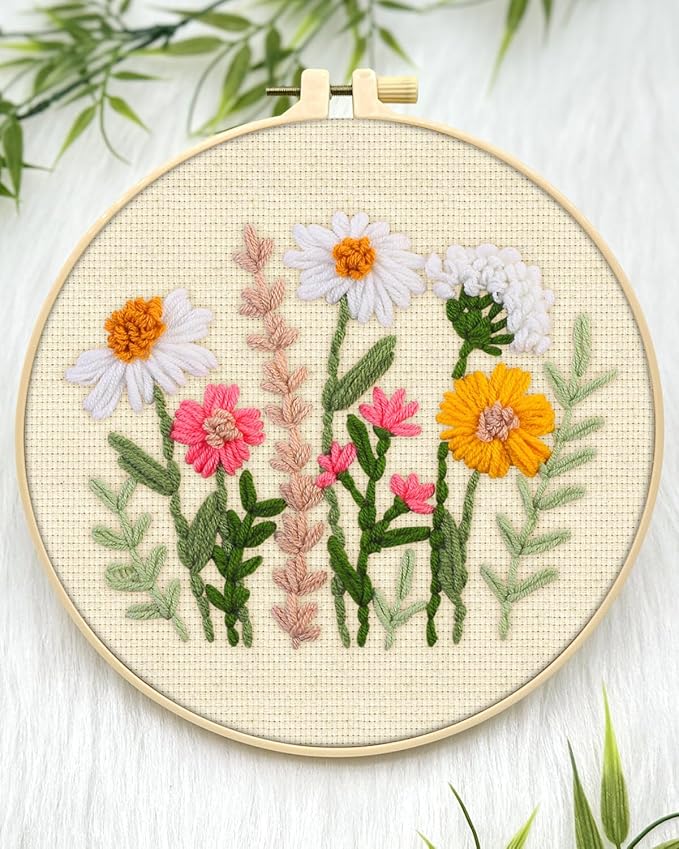 ERKOON Punch Needle Kit Adults Beginners, 2 Pcs DIY Easy Flower Embroidery Set for Starter Art Craft, Needling Punching Project with Patterns, Tools, Yarns, Hoop, Instruction (Daisies)