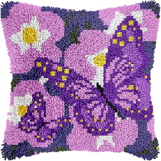veirousa Butterfly Floral Latch Hook Kits for Adults Beginners DIY Crochet Pillow Kit Pre-Printed Pillowcase Hook and Latch Rug Kits Needlework Cushion Cover for Home Sofa Decoration 17x17 in.