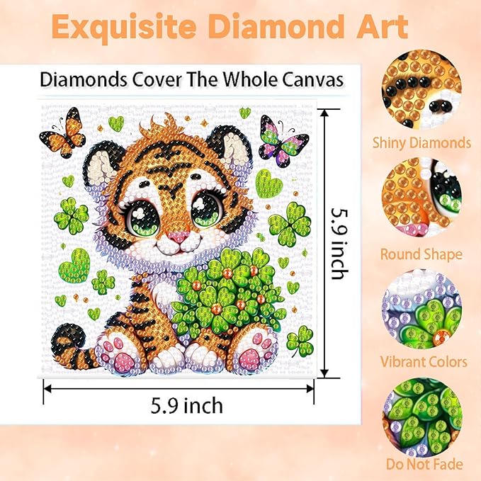 Arttoplus Tiger Diamond Art Kits for Kids 4-6-8-12 with Frame-Tiger Diamond Painting Kits for Kids with Frame,Animal Gem Art for Gift Home Wall Decoration(7x7inch)