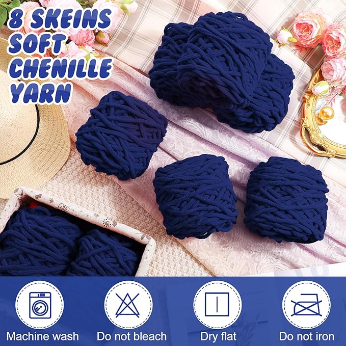 Buryeah Chunky Chenille Yarn for Crocheting Soft Thick Fluffy Yarn for Hand Knitting Bulky Velvet Blanket Plush for Weaving DIY Crafts Each 3.5 oz 55 Yards(Navy Blue,8 Pack)