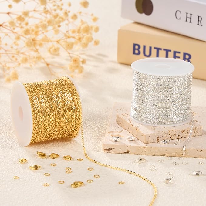Crisjanggo 2 Rolls Total 65.6 Feet Chain for Jewelry Making Gold and Silver Stainless Steel Cross Chains Bulk with Jump Rings and Lobster Clasps for Bracelet Necklace DIY Supplies