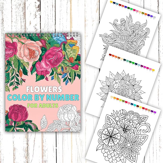 Ilyever 3 Pack Color by Number,Stress Relief Coloring Books for Adults,Spiral Bound Coloring Books for Women,Include 60 Patterns of Butterfly, Flowers,Animals for Adult Relaxation