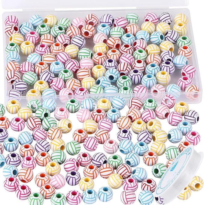 100pcs Volleyball Beads with 5.5 Yard Elastic Rope,Acrylic Sports Beads DIY Spacer for Necklace Bracelet Keychains Handmade Jewelry Making Accessories Craft Supplies,12mm(Rainbow Volleyball)
