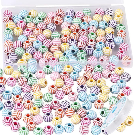 100pcs Volleyball Beads with 5.5 Yard Elastic Rope,Acrylic Sports Beads DIY Spacer for Necklace Bracelet Keychains Handmade Jewelry Making Accessories Craft Supplies,12mm(Rainbow Volleyball)