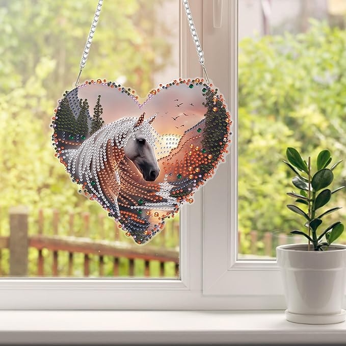 HEIBAGO Horse Diamond Art Hanging Kits for Adults, Diamond Art Suncatchers, 5D Special Shape Diamond Painting Pendant, DIY Window Ornament Gifts for Home Garden Door Wall Decor 8.3 x 8.3 Inch