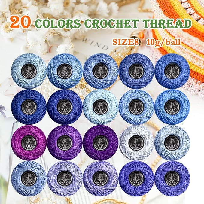 Soft 20 Colors Classic Crochet Thread 20 Pack,100% Cotton (Cornflower Blue-553-3838)