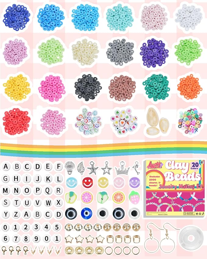 LovelyMoon Bracelet Making Kit 5000 Pcs Clay Beads Flat Preppy Beads for Friendship Jewelry Making Polymer Heishi Beads with Charms Gifts for Teen Girls Crafts for Girls Ages 6 7 8 9 10 11 12