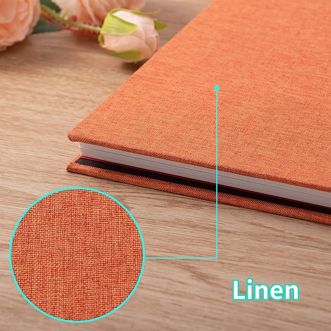 Large Photo Album Self Adhesive for 4x6 5x7 8x10 Pictures Magnetic Scrapbook Album 20 Sheets / 40 Pages Linen Cover DIY Photo Album with A Metallic Pen and and Plastic Board(Orange)
