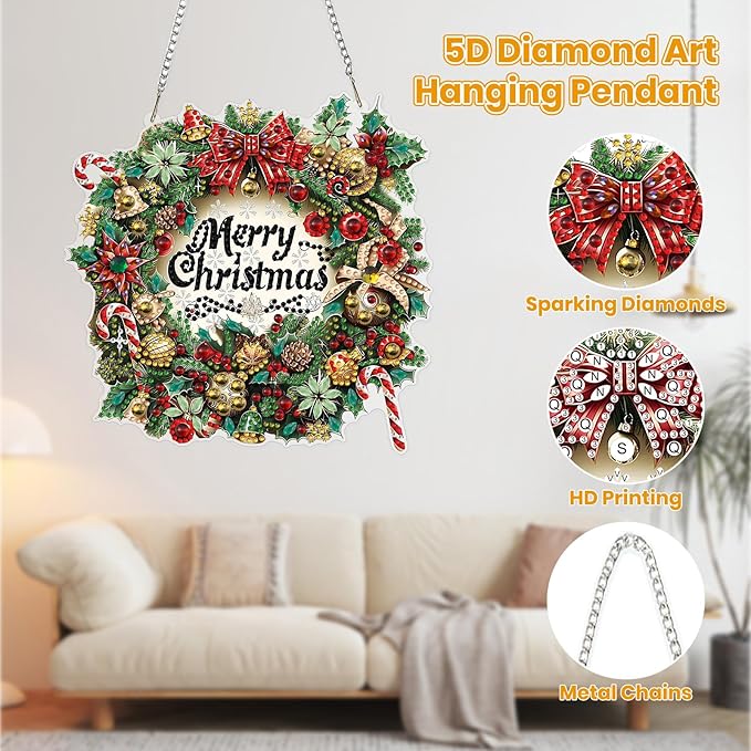 MOGTAA Christmas Diamond Art Hanging Kits for Adults Kids, Christmas Wreath Diamond Art Suncatchers, 5D Special Shape Crystal Rhinestones Window Pendant Kit for Home Garden Wall Decor