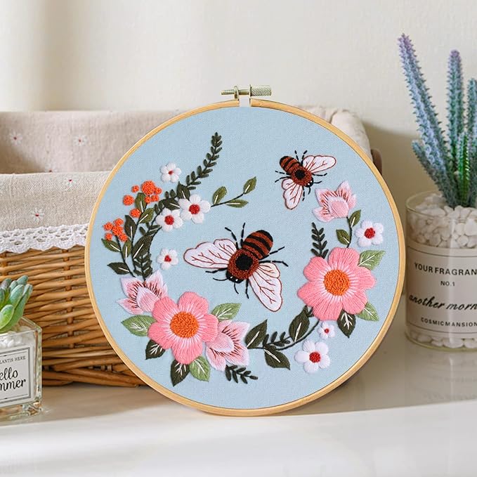 Santune 3 Pack Bee Embroidery Kit for Beginners Adult Cross Stitch Kits Hand Embroidery with Animal Patterns and Instructions,DIY Sets for Women with Hoop,Threads and Needles