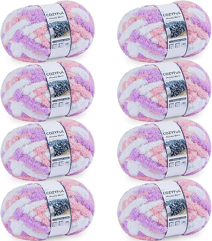 Chunky Yarn for Hand Knitting - #10 Chunky Chenille Blanket Yarn, Jumbo Big Thick Chunky Yarns for Crocheting, Tie Dye Bulky Knit Yarns, 8 Skein (25 yds 8 oz Each Skein), Purple&Pink&White