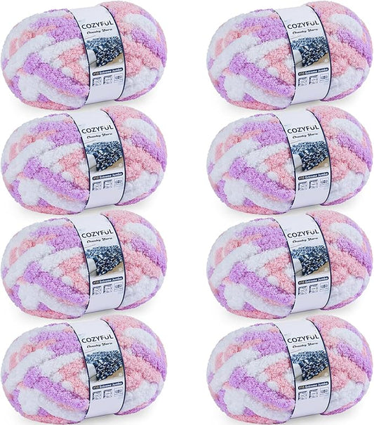 Chunky Yarn for Hand Knitting - #10 Chunky Chenille Blanket Yarn, Jumbo Big Thick Chunky Yarns for Crocheting, Tie Dye Bulky Knit Yarns, 8 Skein (25 yds 8 oz Each Skein), Purple&Pink&White