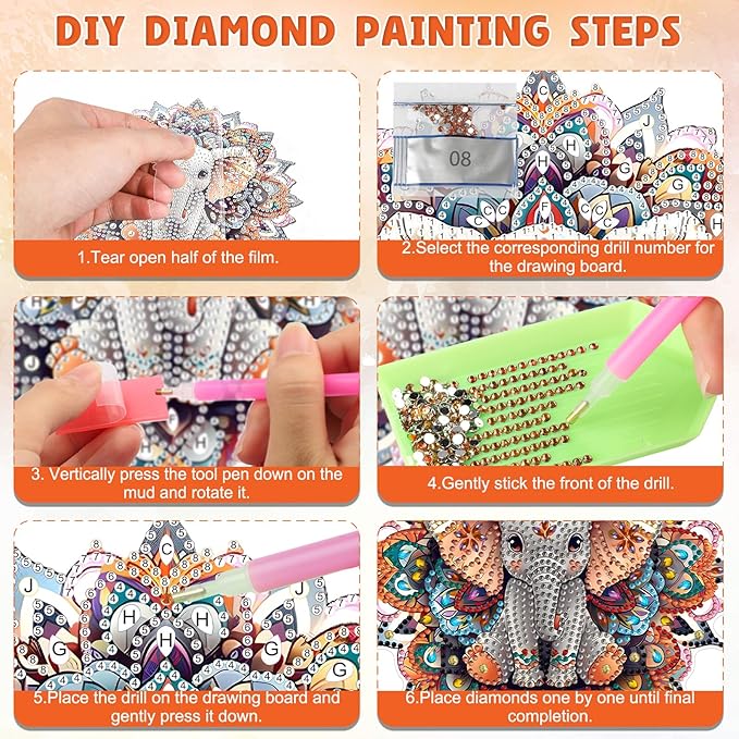 DOMROM Elephant Diamond Art Hanging Kits for Adults Beginners, Special Shaped Crystal Diamond Painting Elephant Pendant, DIY Diamond Art Suncatchers Animal for Home Garden Wall Decor Gift