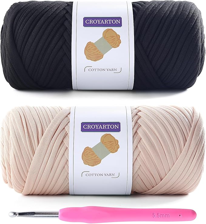 2 Pack T Shirt Yarn for Crocheting with 1 Crochet Hook, Elastic Tshirt Yarn for Crochet Bag/Baskets/Home Decor, Spaghetti Yarn Thick Knitting Yarn Total Length 130 Yds, Weight 14 Oz (Black+Beige)