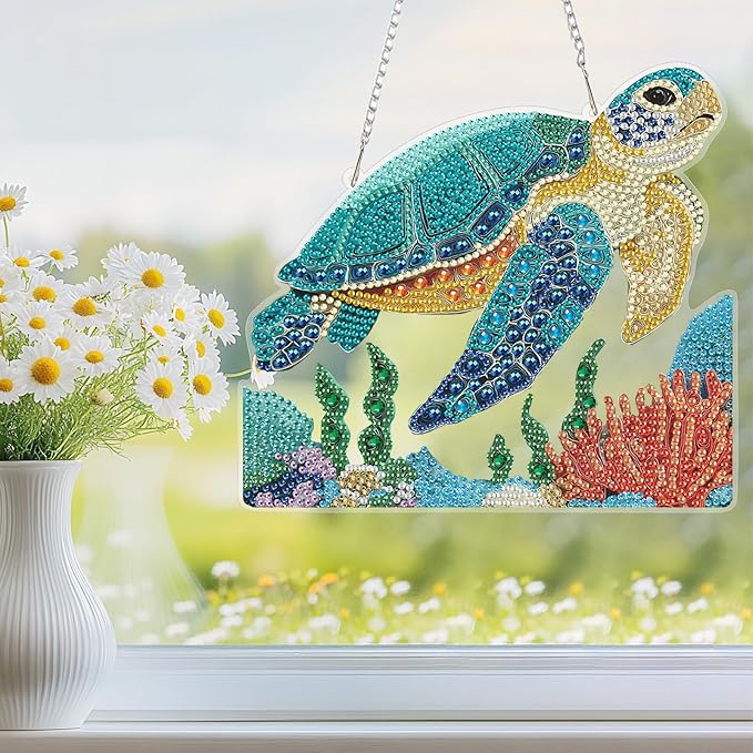 NEWENMO Hanging Diamond Art Kit for Adult, Sea Turtle, 5D Special Shaped Rhinestone Diamond Painting Ornament, Marine Animals, DIY Acrylic Diamond Art Painting Window Pendants Home Garden Wall Decor