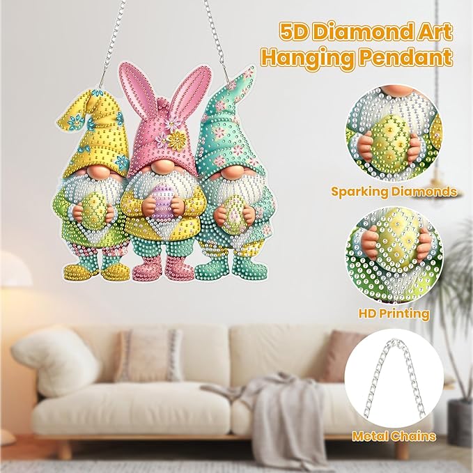 MOGTAA Easter Egg Diamond Art Hanging Kits for Adults Beginners, Gnomes Diamond Art Suncatchers, 5D Special Shape Diamond Painting Window Pendant Kit for Home Garden Wall Decor