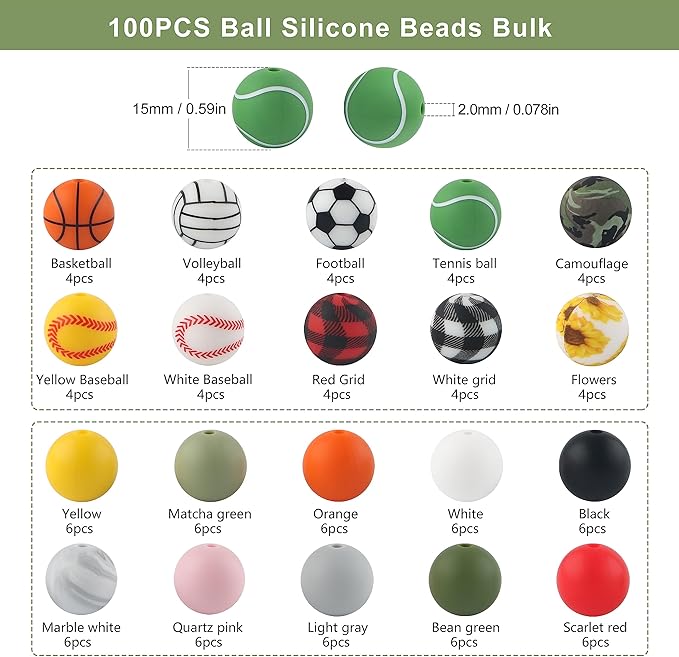 Sunrony 100pcs Sports Silicone Beads 15mm, Basketball Football Volleyball Tennis Ball Baseball Prints Silicone Beads for Keychain Making, Necklace Bracelet Making(Sports)