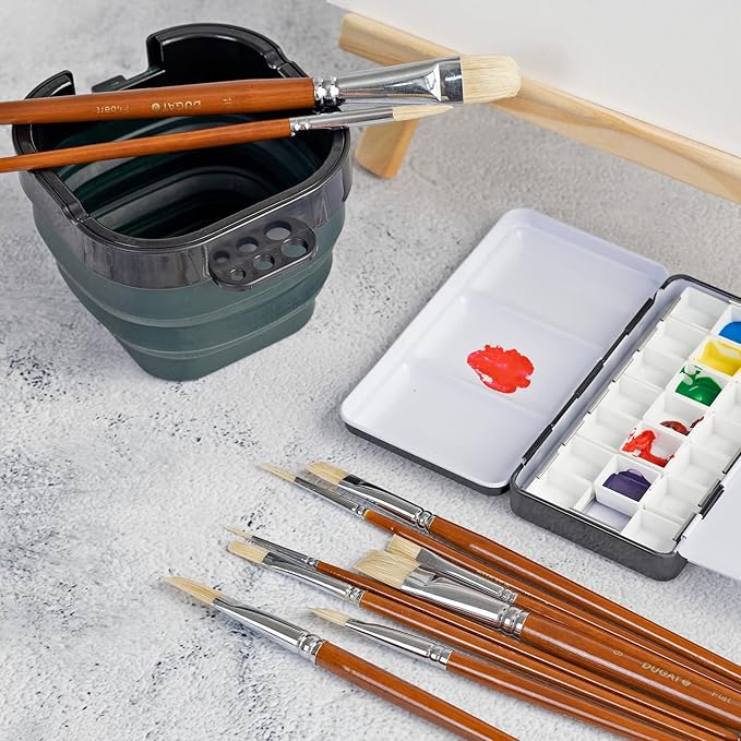 10pcs Short Handle White Hog Hair Artist Paint Brush Set by DUGATO Perfect for Acrylic Oil Gouache Watercolor, Painting Brushes Kit for Kids, Adults Fabulous for Canvas & Fabric
