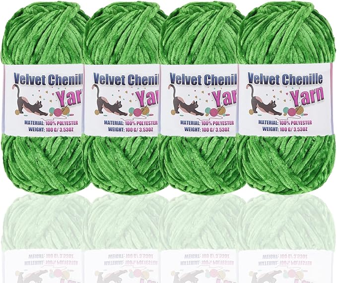 4 * 100g Fluffy Velvet Chenille Yarn for Crocheting and Knitting, Handcrafts Weaving Soft Chenille Yarn for Crocheting Clearance, Used for Making Baby Yarn Blanket, Clothes, DIY Craft (Green)