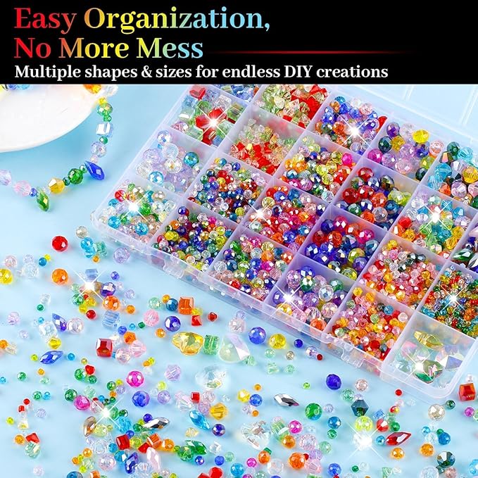 2215 Pcs Glass Beads for Jewelry Making –High Shine, Faceted Cut Crystal Rainbow Beads, DIY Bracelet Necklace Earring Craft Kit and Lamp Decor with Organizer Box for Valentine's Day, Colorful