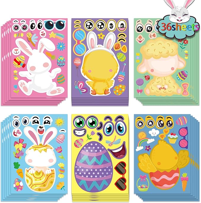36 sheet easter stickers for kids,easter basket stuffers,make a face sticker, make your own animal stickers,spring party favor, birthday gift